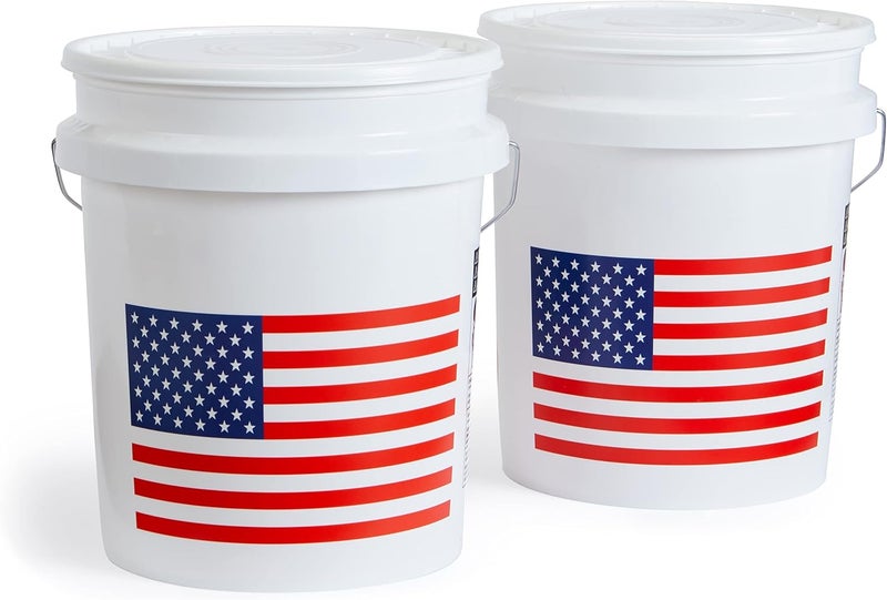 United Solutions 5 Gallon Bucket, Heavy Duty Plastic Bucket, Comfortable Handle, Perfect for on The Job, Home Improvement, or Household Cleaning, White with USA Flag, Pack of 2 - Image 1